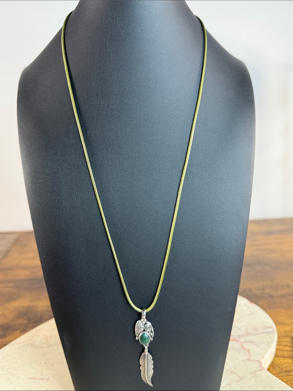 Navajo Indian Green Cord Necklace with Silver Feather Pendant
